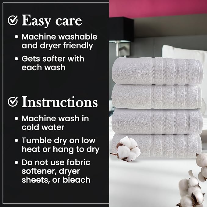 HALLEY Turkish 4 Pack Premium Bath Towels (4 Pieces) 650 GSM Highly Absorbent Super Soft 100% Cotton - 4 Bath Towels (White)