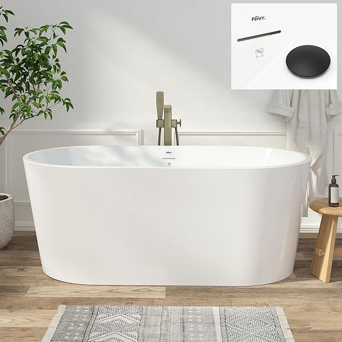 FerdY Shangri-La 59" Acrylic Freestanding Bathtub, Gracefully Shaped Soaking Bathtub, Glossy White, cUPC Certified, Matte Black Drain & Minimalist Linear Design Overflow Included, 02522