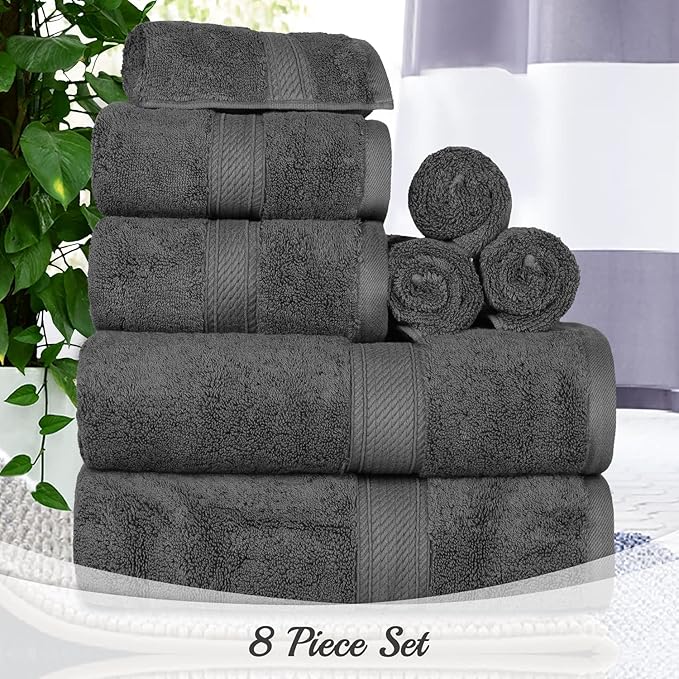 BLUENILEMILLS Madison Egyptian Cotton Towels, Towel Set for Bathroom, Shower, Hotel, Plush, 800 GSM, Highly Absorbent and Ultra-Soft Towels, Bath Essentials, 8 Piece Assorted Towel Set, Charcoal