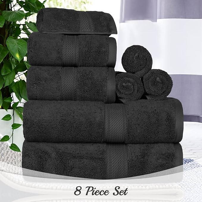 BLUENILEMILLS Madison Egyptian Cotton Towels, Towel Set for Bathroom, Shower, Hotel, Plush, 800 GSM, Highly Absorbent and Ultra-Soft Towels, Bath Essentials, 8 Piece Assorted Towel Set, Black