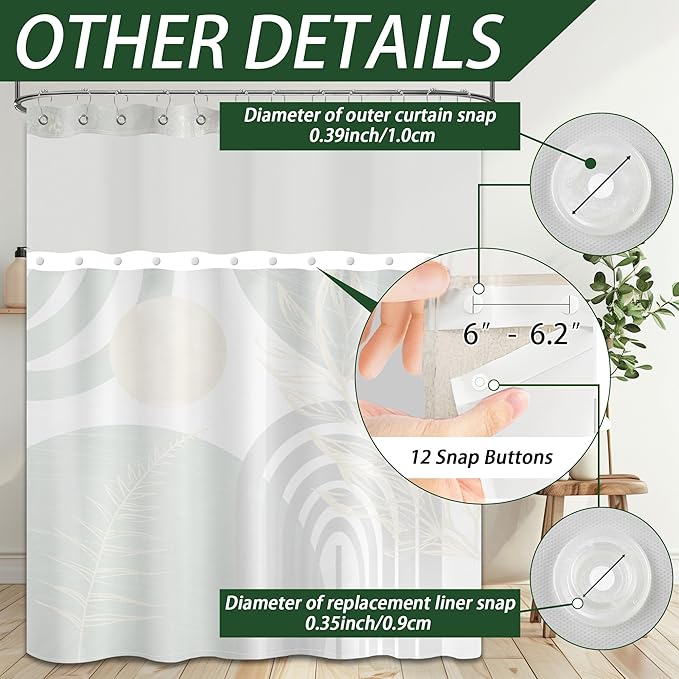 Olive Green Bohemian See Through Mesh Top Shower Curtain with Window, Emerald Green Mid Century Modern Double Layer Shower Curtains with Snap in Liner, Waterproof Fabric with Hooks, 71x 72 in