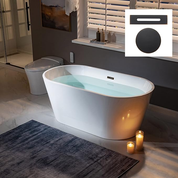 WOODBRIDGE 59" Acrylic Freestanding Bathtub Contemporary Soaking Tub, White Acrylic (Oil Rubbed Bronze Drain/Overflow),B0014 ORB Drain &O