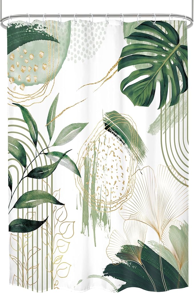 Sage Green Boho Shower Curtain 54Wx78H Small Stall Modern Abstract Mid Century Bohemian Tropical Palm Leaves Geometric Plant Bathroom Decor Botanical Bath Curtain Fabric Polyester 12 Pack Hooks