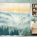 Riyidecor Mountain Shower Curtain 72Wx72H Inch Green Sunrise Sunset Scenery Landscape Tree Nature Pine Scenic Woodland Greenery View Bathroom Decor Fabric Polyester Waterproof 12 Pack Hooks