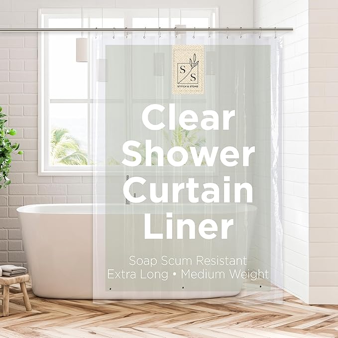 Stitch & Stone Shower Curtain Liner, Premium Medium Weight Durable Waterproof 6g PEVA for Bathroom with Weighted Magnets, Extra Long 72" x 78", Clear 1 Pack