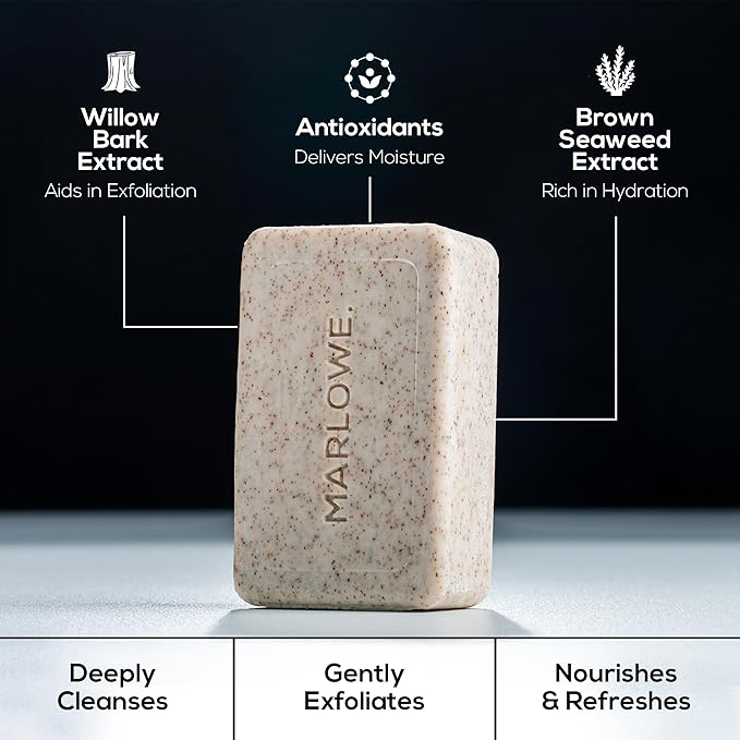 MARLOWE. No. 102 Body Scrub Soap 7 oz, Oud Wood, Exfoliating Soap Bar with Shea Butter, Olive Oil & Green Tea Extracts, Cleanses, Smooths & Revitalizes Skin, Earthy & Smoky Scent