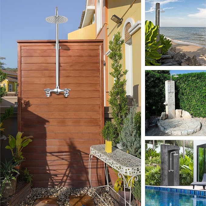 Aolemi Outdoor Shower Kit Outdoor Shower Fixtures Faucet System Double Handle Exposed Shower with 8 Inch Rainfall Shower Head Adjustable Height Shower Pipe 6 Inch Center Polish Chrome