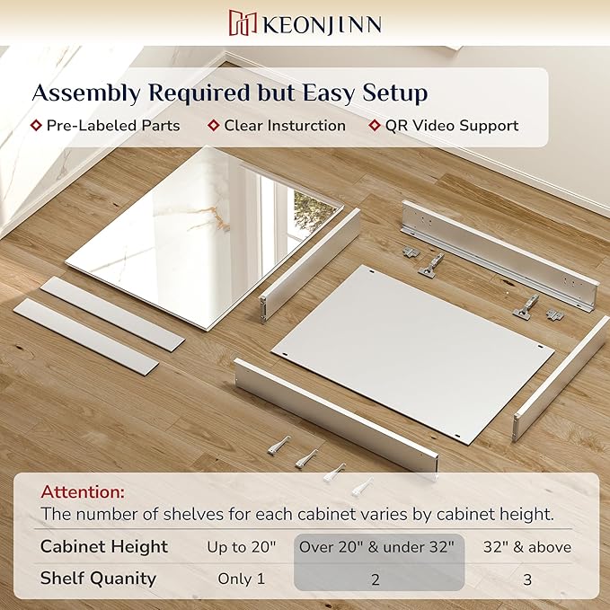 Keonjinn 48 x 26 Inch Medicine Cabinet, Assembly Required, Silver Bathroom Medicine Cabinets Mirror, Lightweight, Adjustable Shelves, Surface Mount or Recessed, Tempered Glass