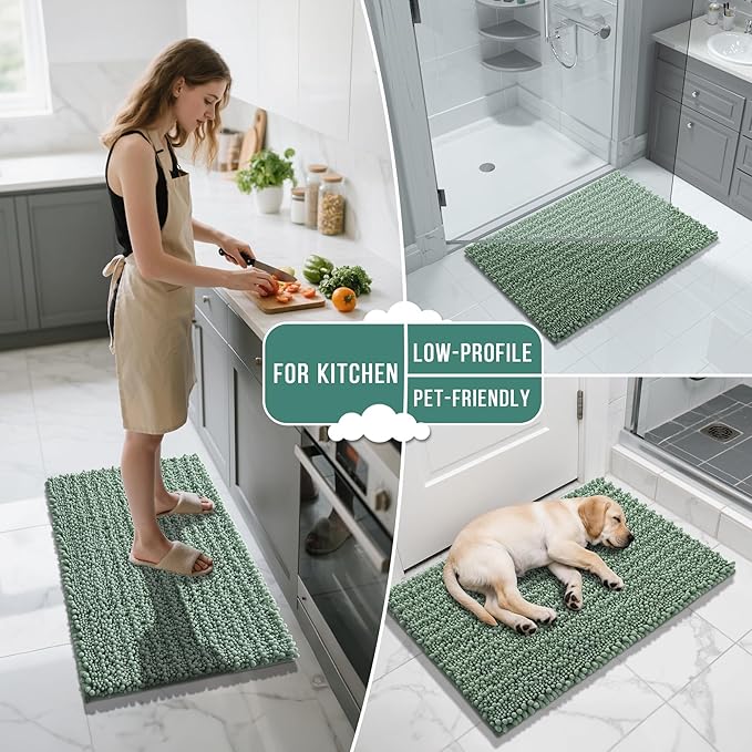 Yimobra Long Bathroom Rugs Non Slip Washable 44x24 Inch - Ultra Soft Absorbent Chenille Bath Mat, Quick Dry Shaggy Floor Carpet for Tub Shower, Green Home Decor Accessories