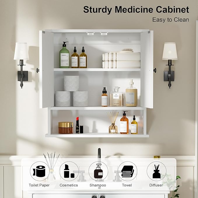 Bathroom Medicine Cabinet,2 Doors White Bathroom Wall Cabinet with Arched,Over Toilet Storage Cabinet for Laundry Room/Kitchen/Living Room,Surface Mount Medicine Cabinets 23x24