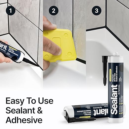 Jet Black Kitchen & Bathroom Sealant & Adhesive Hybrid Polymer | Superior to Silicone Caulk Sealant | Waterproof, Odorless, Paintable | Ideal for Around Bathtub, Shower, Kitchen - 300ml 3 Pack