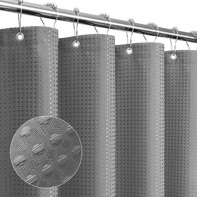 Gibelle Extra Long Shower Curtain 72 x 84, Tall Waffle Weave Textured Fabric Shower Curtain for Bathroom, Water Repellent, Machine Washable, Grey