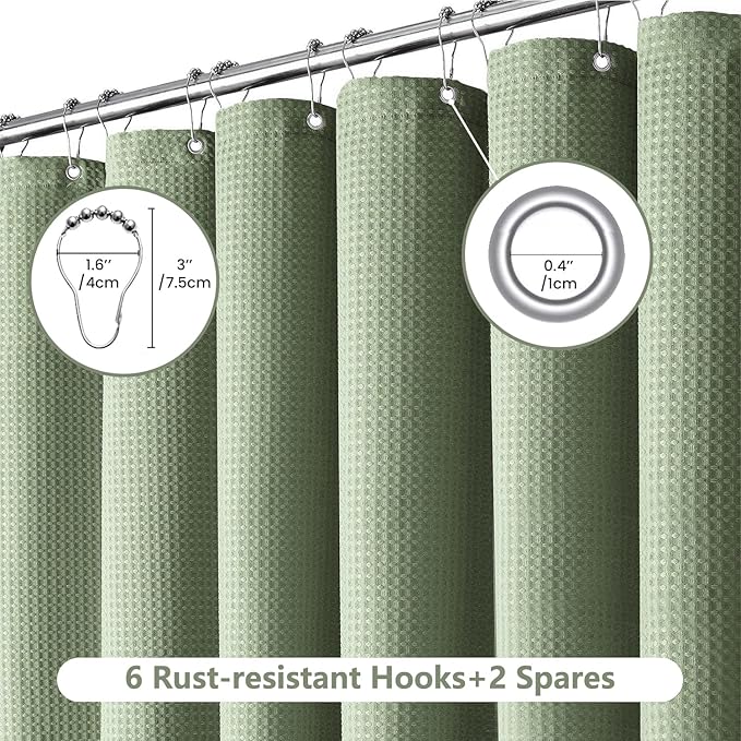Inhousolu Fabric Shower Curtain Waffle Weave, Sage Green 230 GSM Heavy Duty, Weighted Hem, 8 Metal Hooks, Water Repellent, Machine Washable, Hotel Spa Luxury Bath Curtain Set, 36 x 72 Inch