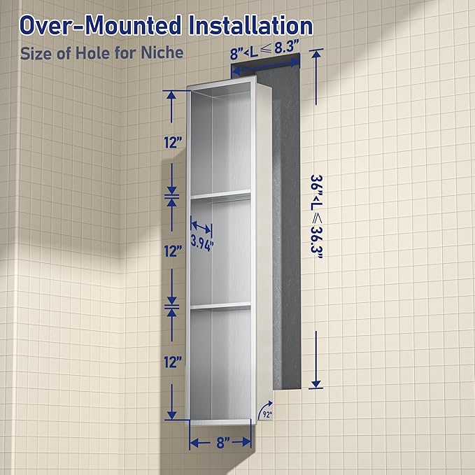 Stainless Steel Shower Niche 8"×36" with 3-Tier Shelves Brushed No Tiled Needed Niche Shower for Bathroom Wall Recessed Shower Shelf for Storage