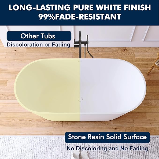 63'' Freestanding Bathtub Solid Surface Matte Bathroom Bathtub Soaking Tubs Resin Stone Bathtubs Oval Soak Tubs with Overflow and Pop-up Drain - White…