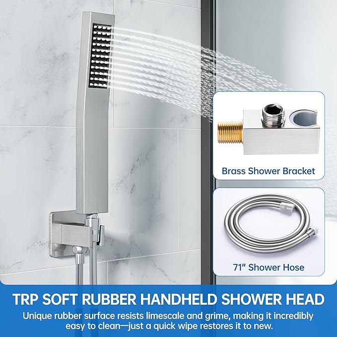 16 Inch Luxury Rain Shower Faucet Set, Brushed Nickel Shower System with Rainfall Shower Head and Handheld Spray, SUS304 Stainless Steel and Solid Brass Wall Mounted Shower Valve Trim Kit