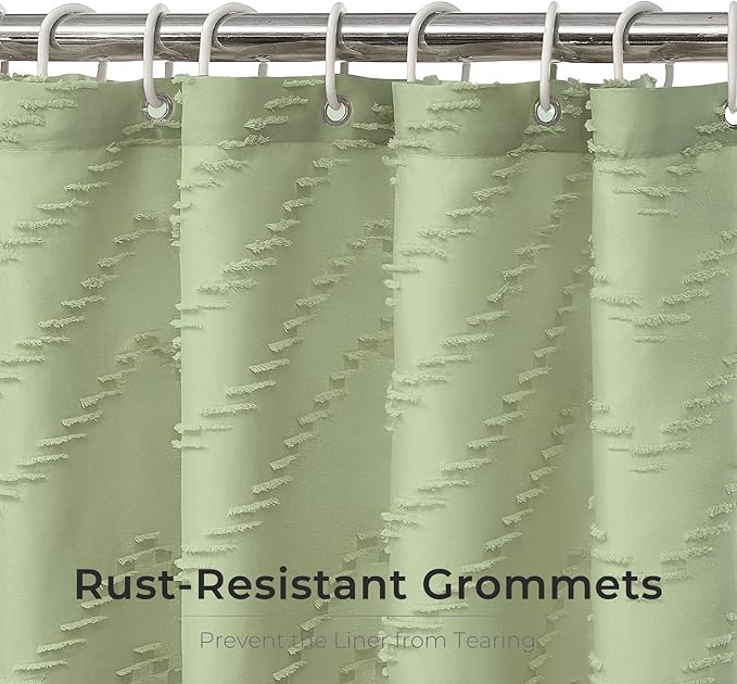 Green Boho Woven Fabric Tufted Chervon Textured Modern Minimalist Neutral Striped Waterproof Shower Curtain 72 x 72 Inches