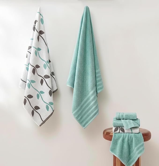 Modern Threads Organic Vines 6-Piece 100% Cotton Towel Set – Yarn Dyed Jacquard & Solid – Includes 2 Bath Towels, 2 Hand Towels, 2 Washcloths – Absorbent, Quick Dry, Soft & Durable – Aqua