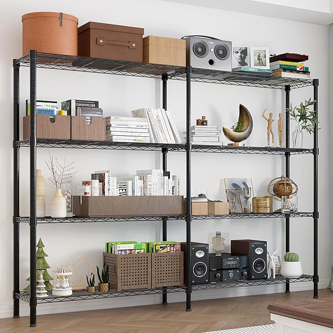 4 Tier Storage Racks Shelving, Heavy Steel Pantry Shelves, Adjustable Wire Shelving Rack, Suitable for Garage, Kitchens, Offices, 58" W x 14" D x 59" H, Black