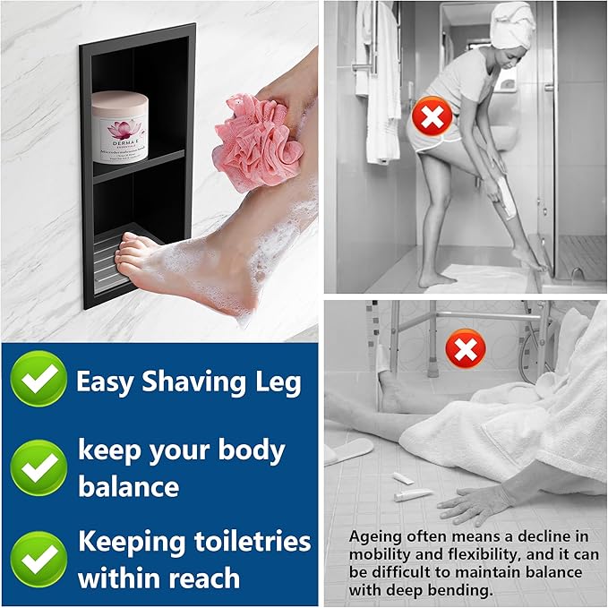 Shower Foot Rest for Shaving Legs, 304 Stainless Steel Footrest Niche with Shaving Holder, Recessed Shower Niche for Shaving Legs, Matte Black, 5.9" X 12.3"