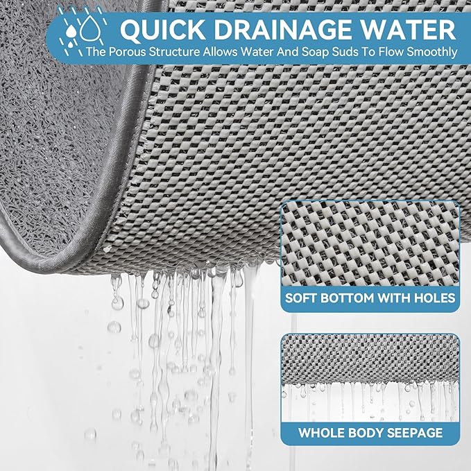 Non Slip Shower Mat Bathtub Mat 20x32 Inch, Quick Dry Bath Mat with Drain, Soft PVC Imitation Loofah Foot Scrubber Bath Mats for Bathroom Tub Shower Floor, Hangable & Hook Included, Gray