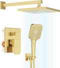 Gabrylly Shower System Gold, Wall Mounted Shower Faucet Set for Bathroom with High Pressure 10" Rain Shower head and 3-Setting Handheld Shower Head Set, 2 Way Shower Valve Kit, Brushed Gold