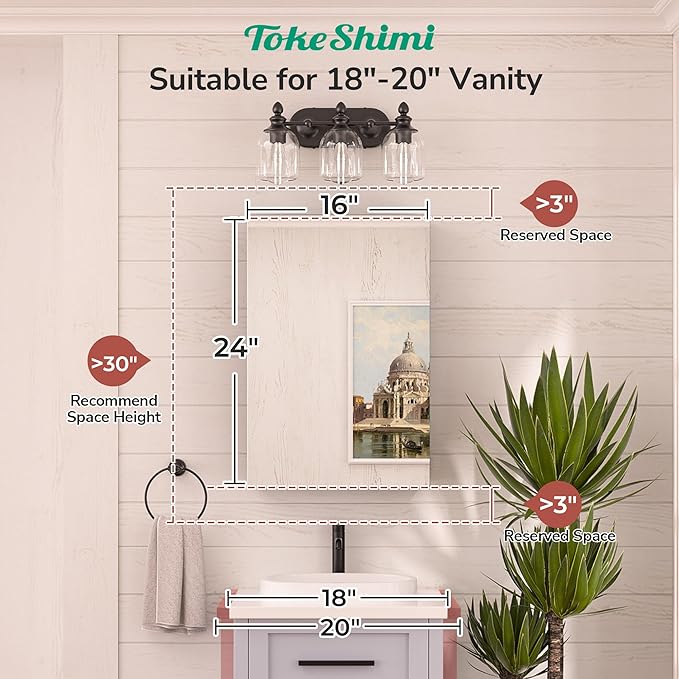 TokeShimi 16 x 24 Mirrored Medicine Cabinet Recessed or Surface Mount, Aluminum Tempered Black Bathroom Medicine Cabinet with Mirror with Adjustable Storage Metal for Modern Farmhouse