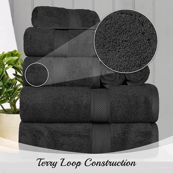 BLUENILEMILLS Madison Egyptian Cotton Towels, Towel Set for Bathroom, Shower, Hotel, Plush, 800 GSM, Highly Absorbent and Ultra-Soft Towels, Bath Essentials, 8 Piece Assorted Towel Set, Black