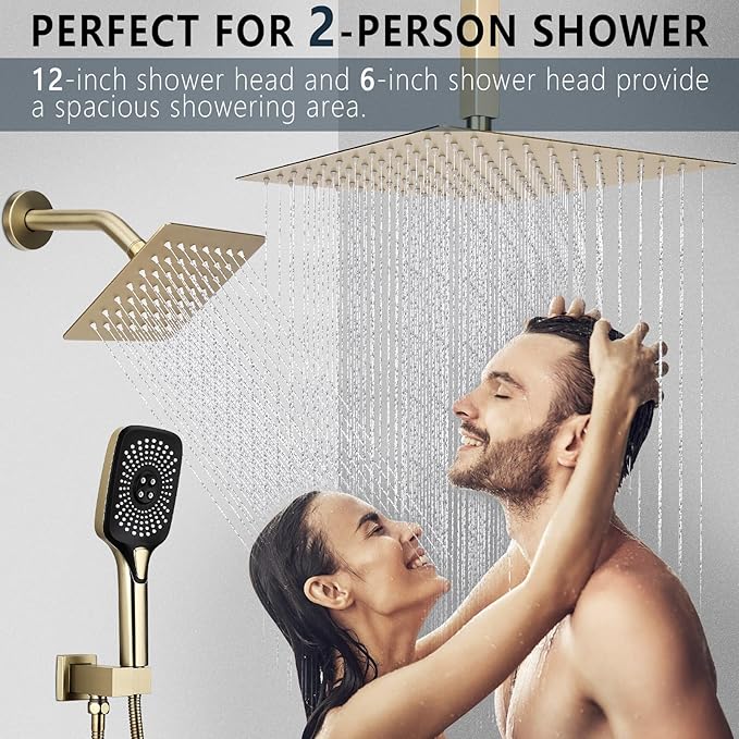 Shower Faucet Set Rainfall Shower System Push Button Diverter Shower Faucet with 4 in 1 Handheld, Ceiling Mount 12 Inch Shower Head and 6 Inch Wall Mount Shower Head