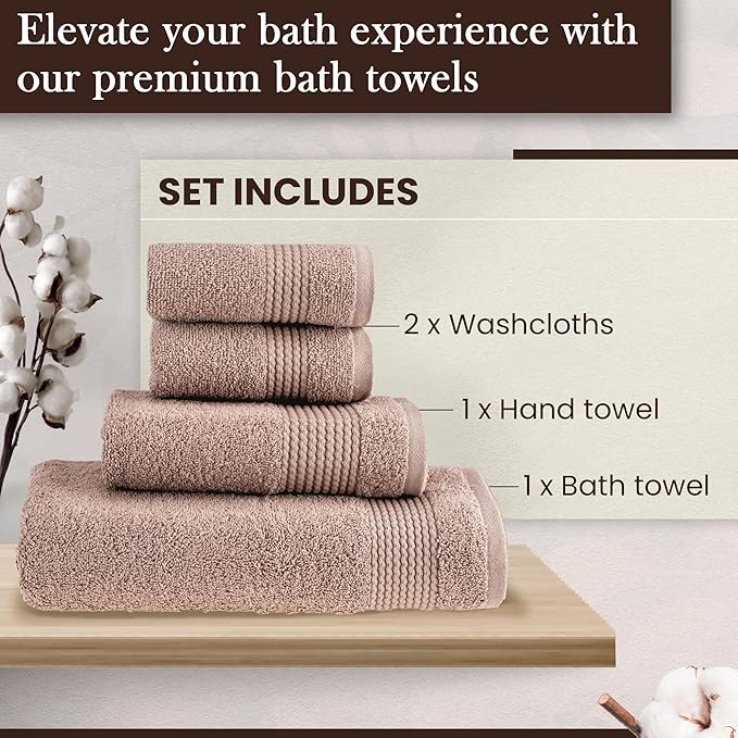 HALLEY Turkish Cotton Towels (Set of 4) 1 Bath Towel 1 Hand Towel 2 Washcloths, Super Soft Highly Absorbent 100% Cotton Towels for Bathroom and Kitchen for Mother’s Day (Taupe)