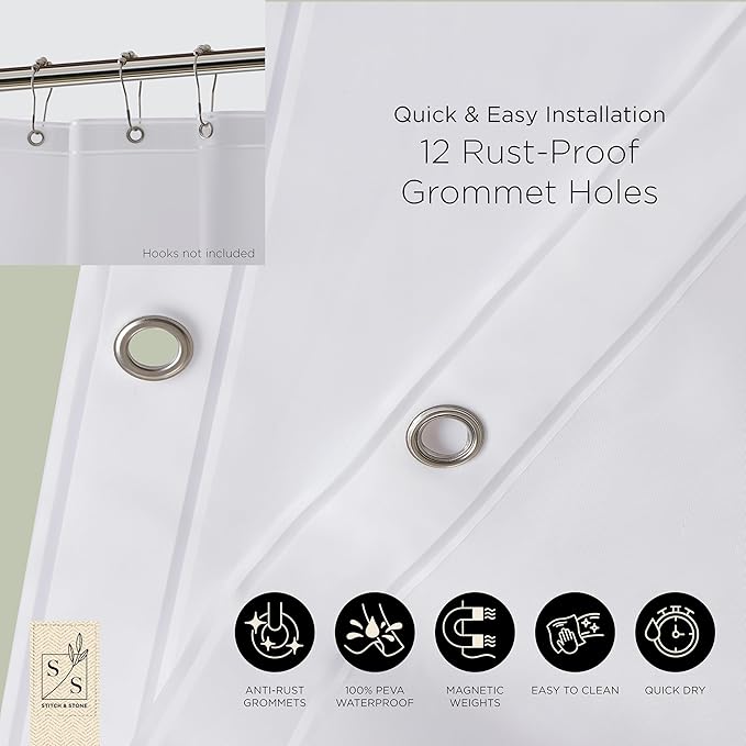 Stitch & Stone Shower Curtain Liner, Premium Medium Weight Durable Waterproof 6g PEVA for Bathroom with Weighted Magnets, Standard Size 72" x 72", Frosty 1 Pack