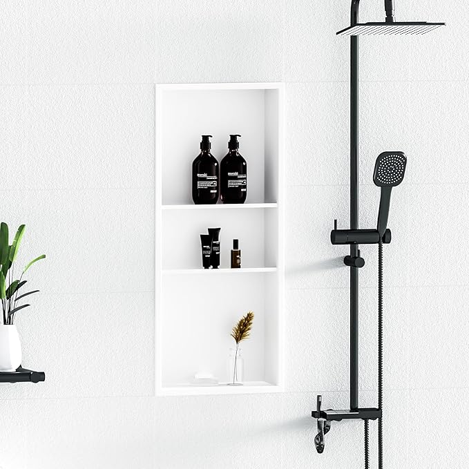 Neodrain 12X30 in Shower Niche, 3 Layers White Wall Niche Tile Ready NO Tile Needed Stainless Steel Recessed Niches for Shower Wall Bathroom Storage