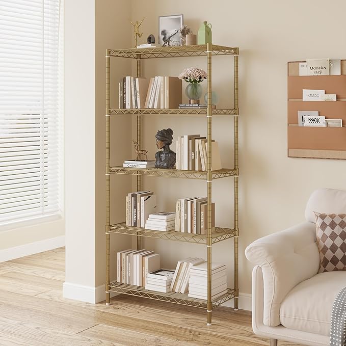 5 Tier Storage Racks Shelving, Heavy Steel Pantry Shelves, Adjustable Wire Shelving Rack, Suitable for Garage, Kitchen, Bathroom, Office, 29" W x 13.4" D x 59" H, Golden