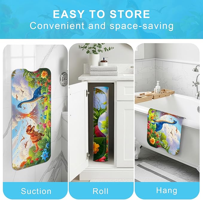 Upgrade Cartoon Baby Bath Mat Non Slip - 40"x16" Extra Long Bathtub Mat for Baby Eco Friendly Durable Bath Mat for Tub Non Slip Kids Tub Mat with Suction Cups, Machine Washable and No Fading, Dinosaur