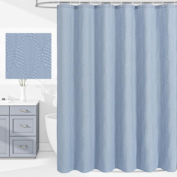 Gibelle Fog Blue Shower Curtain for Bathroom, 3D Embossed Textured Fabric Shower Curtain, Modern Farmhouse Chic Soft Cloth Shower Curtain Set with Hooks, 72x72