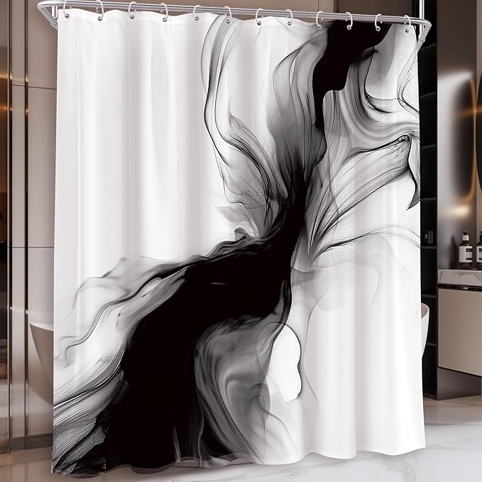 Cinbloo Black and White Marble Shower Curtain 72Wx72H Abstract Modern Neutral Ombre Grey Minimalist Bathroom Decor Elegant Ink Texture Cloth Fabric Bathroom Decor with 12 Hooks