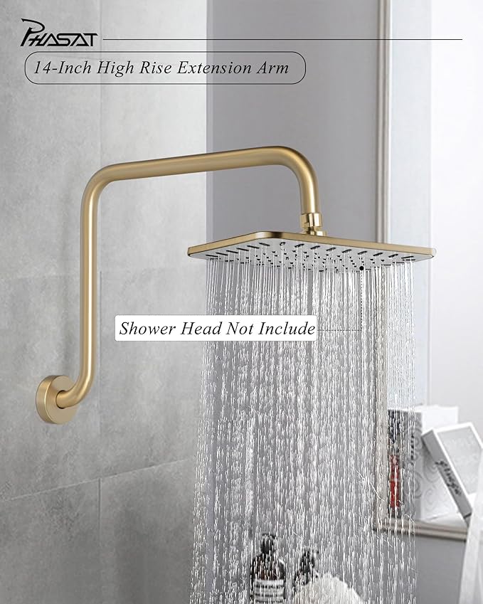 PHASAT S Shaped Shower Arm, High Rise Shower Arm with Flange, Brushed Gold