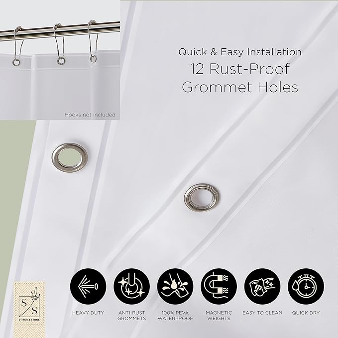Stitch & Stone Shower Curtain Liner, Premium Heavyweight Durable Waterproof 8g PEVA for Bathroom with Weighted Magnets, Standard Size 72" x 72", Frosty 1 Pack