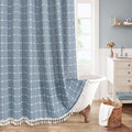 MitoVilla Blue Boho Shower Curtains for Modern Farmhouse Bathroom Decor, Vintage Country Thick Polyester Linen Fabric Shower Curtain, Rustic Tassel Cloth Shower Curtain, 72 x 72