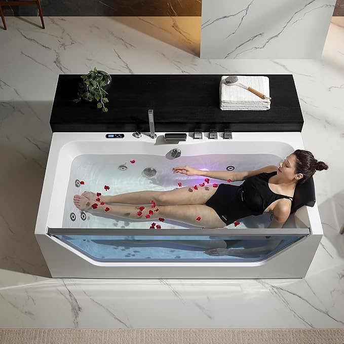 Empava Acrylic Whirlpool Bathtub, 71-Inch Jetted Bathtub with Heater, 10 Jets Hydromassage with Chromatherapy, 3-Side Apron with LED Control Panel, Waterfall & ETL Certified, Blcak Pillow