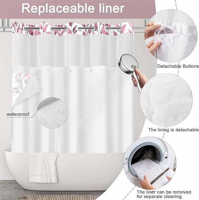 No Hook Shower Curtain and Liner Set, Dark Red Eucalyptus Floral Shower Curtains for Bathroom, Bath Curtain Sets with Snap in Liner, Waterproof with See Through Top Window, 71x77 Inches