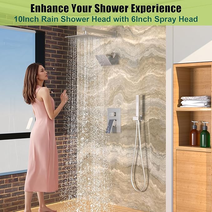 ENGA Shower Faucet Set, Dual Head Shower System 10" & 6" Square Rain Shower Heads with 2 in 1 Handheld Spray, 3 Way Water Diverter, Brushed Nickel