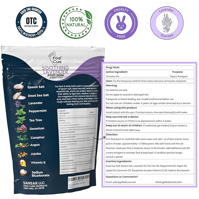 FOOT CURE Soothing Lavender Foot Soak - Pedicure Foot Spa with Epson Salts for Soaking Feet - Foot Massager Spa - Foot Scrubber Dead Skin Remover - Epsom Salt Bath Soak (Pack of 2)