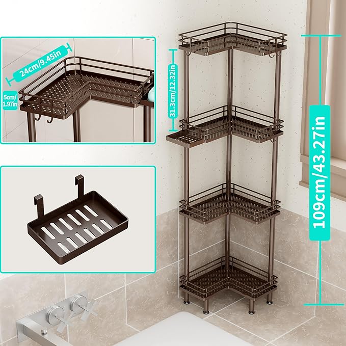 HapiRm Corner Shower Caddy Organizer - 4 Tier Shower Shelf Corner with Soap Holder, Rustproof Bathroom Standing Organizer with 4 Hooks, Bronze