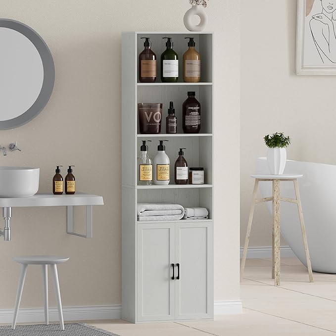 Tall Bathroom Storage Cabinet, Bathroom Floor Cabinet with Wide 4 Tier Shelf, Storage Unit for Living Room, Entryway, Kitchen (Retro White, 2 PCS)