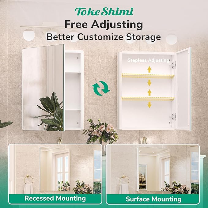 TokeShimi 16x24 Bathroom Medicine Cabinet with Mirror Tempered, Aluminum White Mirrored Medicine Cabinet Recessed or Surface Mount with Adjustable Storage Metal for Modern Farmhouse