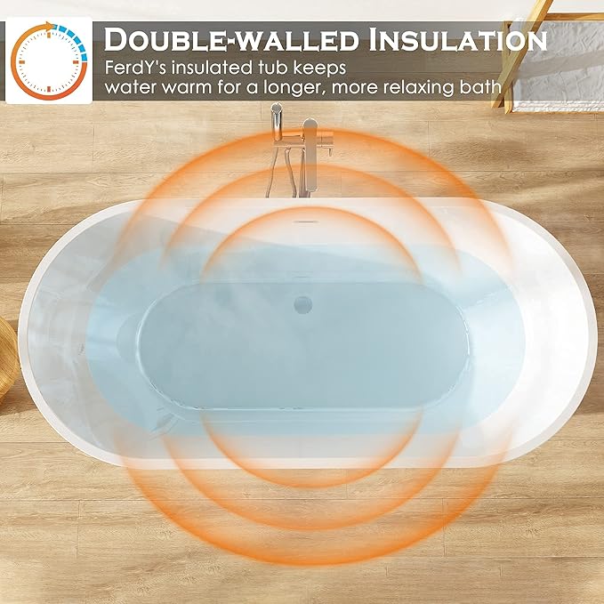 FerdY Luzon 67" Acrylic Freestanding Bathtub, Ergonomic Lightweight Classic Oval Soaking Bathtub with Chrome Drain, Classic Slotted Overflow, Modern White