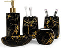 Ceramic Bathroom Accessory Set, 5-Piece Bathroom Accessory Set, Soap Dish, Toothbrush Holder, Soap Dispenser, Bathroom Tumbler & Candle Holder - Modern Bathroom Organizer, (Black & Gold)