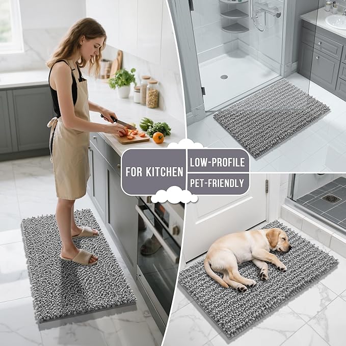 Yimobra Bathroom Runner Rug 60x24 Inch - Extra Long Non Slip Chenille Bath Mat, Soft & Absorbent, Machine Washable Shaggy Hallway Carpet for Vanity Tub Shower, Gray Home Decor Accessories