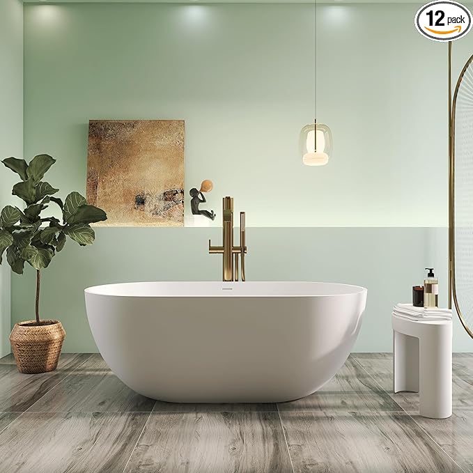 Premium 59" Solid Surface Freestanding Bathtub, Upgraded Oval Stone Resin Tub with Overflow and Pop-up Drain, Matte White